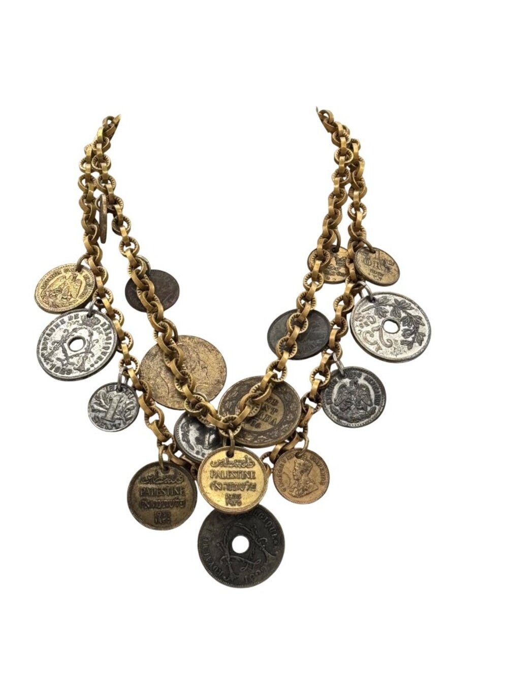 Monet Jewelers International Coin Necklace Gold-Tone Statement Multi Strand VTG